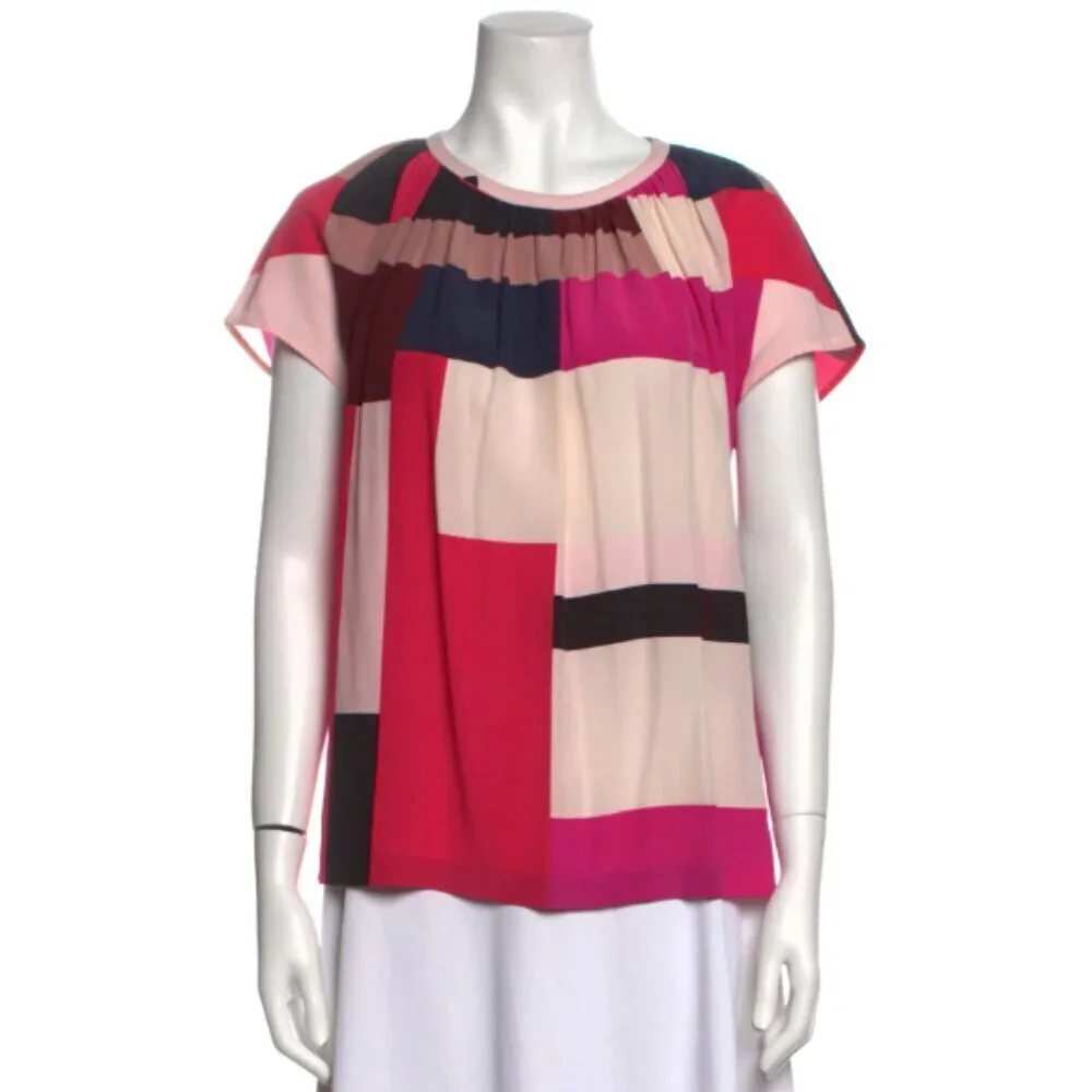 Kate Spade New York Silk Short Sleeve Colorblock Blouse in Pink/Cream Size 0